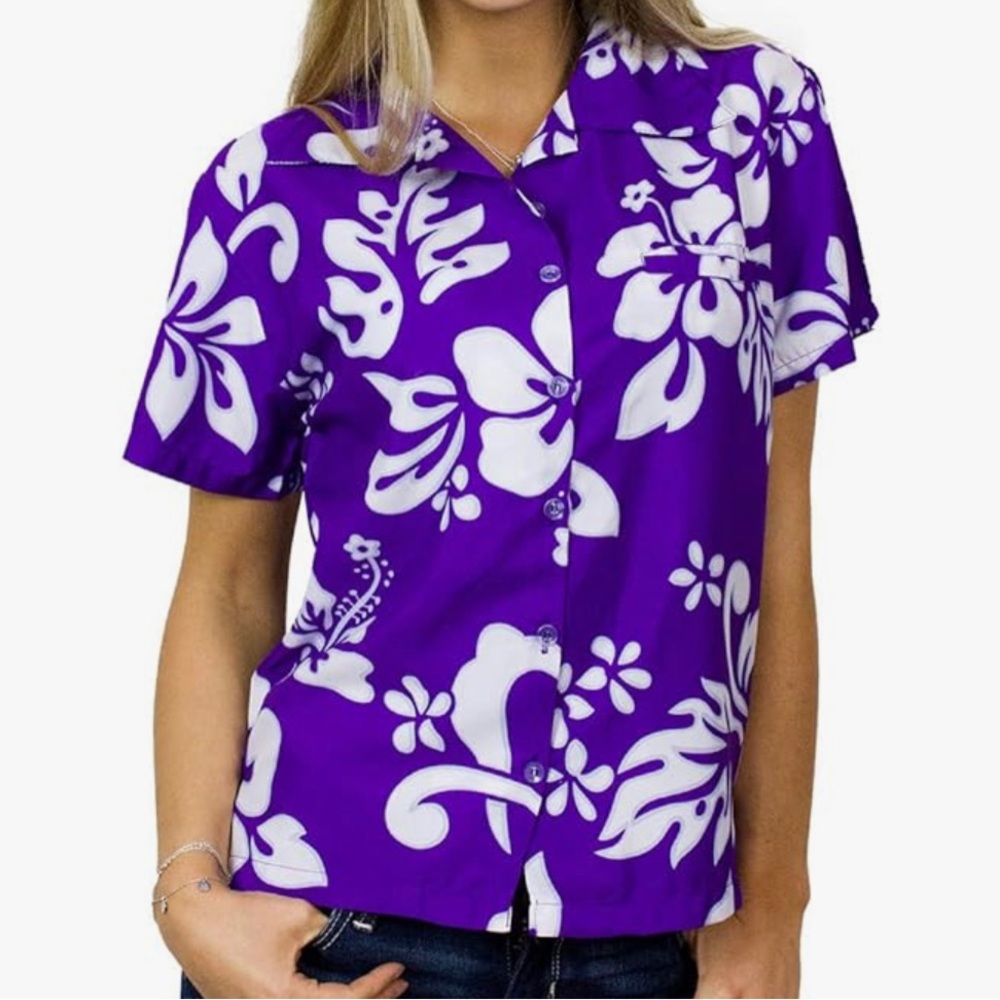 Hawaiian Blouse Shirt for Women Funky Casual Button Down Shortsleeve Hib…